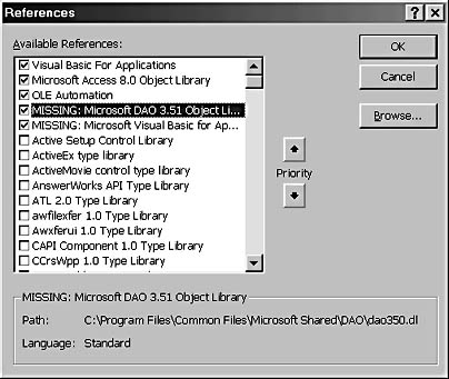 figure 15-14.two items are marked missing in the references dialog box.