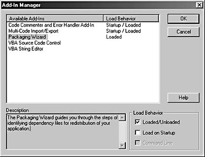 figure 15-22. the add-in manager dialog box lets you set startup and load options for various visual basic editor add-ins.