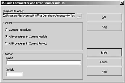 figure 15-23.the code commenter and error handler add-in dialog box lets you add comments and error handlers to vba code.