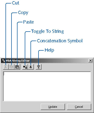 figure 15-28.the vba string editor dialog box offers several toolbar buttons for working with string expressions.