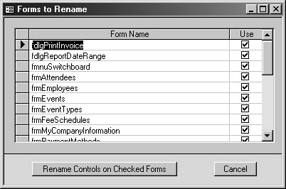 figure 15-36.in the forms to rename dialog box, you select forms whose controls you want to rename.