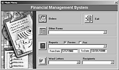 figure 15-41.the new main menu lets users select forms and reports or create word letters.