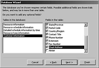 figure 15-45.you can select optional fields for database tables by checking the italicized field names.