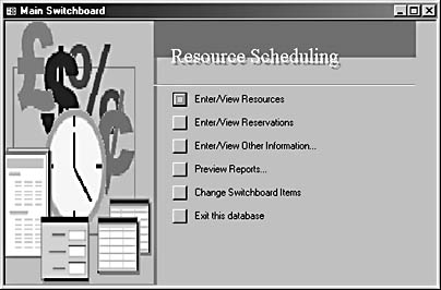 figure 15-47. the resource scheduling database’s main switchboard gives you a choice of options for working with resources.