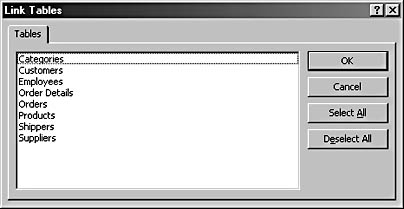 figure 16-6. you select the table or tables you want to link to in the link tables dialog box.
