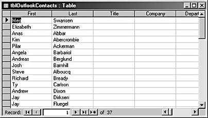 figure 16-17. this access table contains imported outlook contacts.