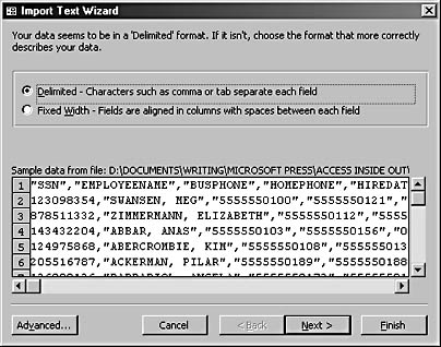 figure 16-18.the delimited option is preselected on the first page of the import text wizard.