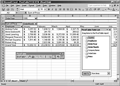 figure 17-10.this excel pivottable was created from an access pivottable.