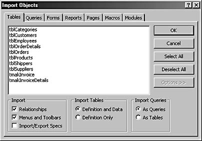 figure 17-12.select the menus and toolbars check box in the advanced screen of the import objects dialog box to import custom toolbars and menus.