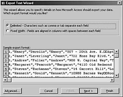 figure 17-22.accept the delimited option on the first page of the export text wizard.