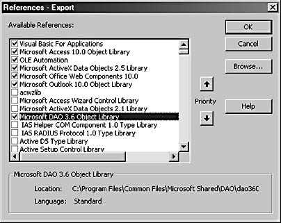 figure 17-26. you set references to the outlook and dao object libraries in the references dialog box.