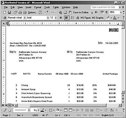 figure 17-30. when you export the northwind invoice report to word using the interface, it loses some of its formatting.