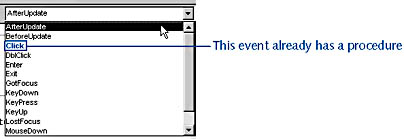 figure 20-8. the procedures drop-down list offers a selection of event procedures for the selected object.