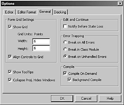 figure 20-12. the general tab of the options dialog box provides some error handling and compilation options.