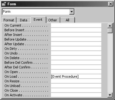 figure 20-14. the event tab of the form properties sheet lists the form’s events.