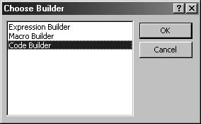 figure 20-16. the choose builder dialog box appears when you create an event procedure.