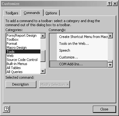 figure 21-27. you can find the com add-ins selection in the customize dialog box.