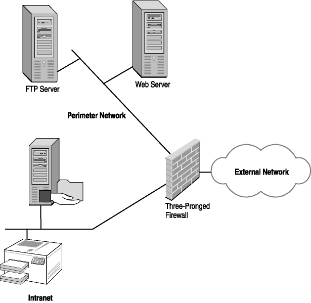 figure 4-4 perimeter network created by a three-pronged firewall