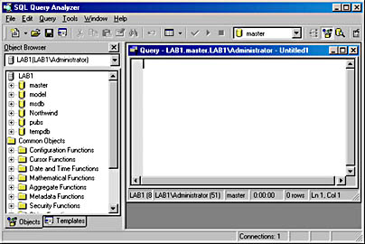 figure 2.1-sql query analyzer displaying the query window on the right and the object browser window on the left.