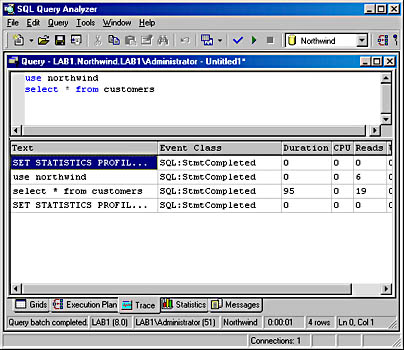 figure 2.5-trace tab displaying server trace information about the executed transact-sql statement.