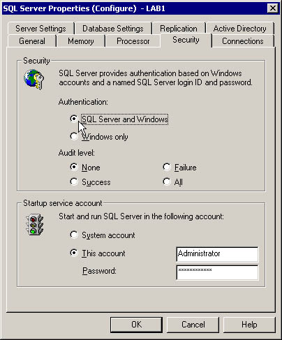 figure 13.2-configuring sql server and windows authentication in enterprise manager.