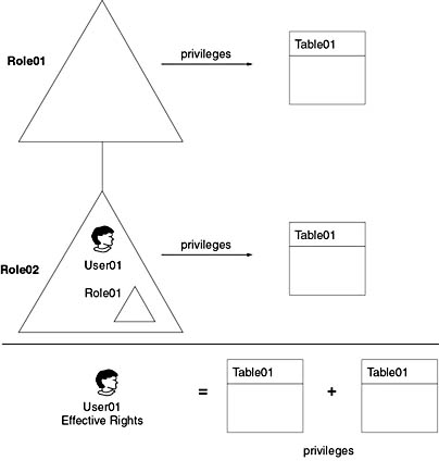 figure 13.3-a hierarchical relationship showing that user01 inherits the privileges assigned to role01 and role02.