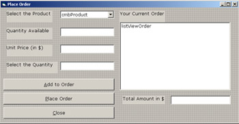 click to expand: this figure shows the place order window that allows an end user to select products and place an order.