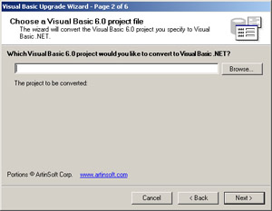 click to expand: this figure shows the window of the upgrade wizard that prompts you to specify the location of the vb 6.0 project file.