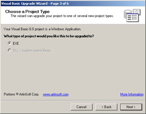 click to expand: this figure shows the window of the upgrade wizard in which you specify the type of the project as .exe or .dll.