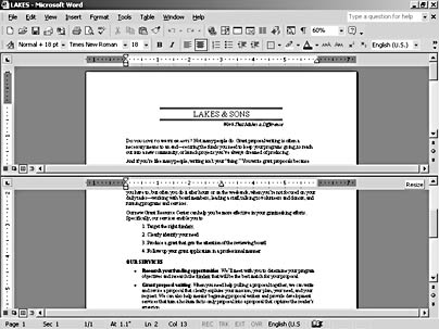 figure 1-19. clicking the split box and dragging it down opens a second document display window at the mouse pointer position. you can then scroll through the document as needed to locate the text you need.