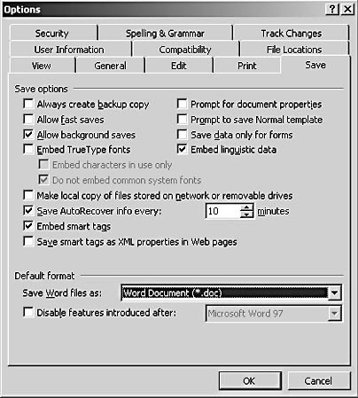 figure 2-12. the save tab enables you to configure default save settings.