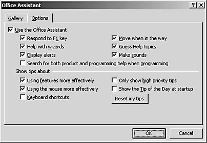 figure 3-5. change or limit the actions of the office assistant by clearing check boxes on the options tab of the office assistant dialog box.