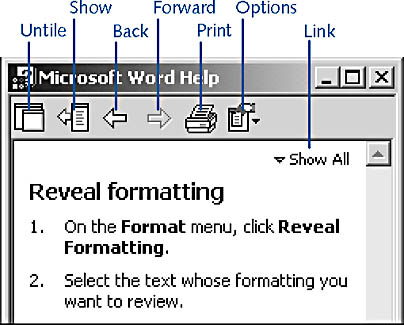 figure 3-7. the microsoft word help window provides a number of different controls that enable you to choose your help and customize the view.
