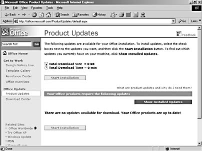 figure 3-12. the microsoft office product updates page gives you a number of links for updates, downloads, technical support information, and more.
