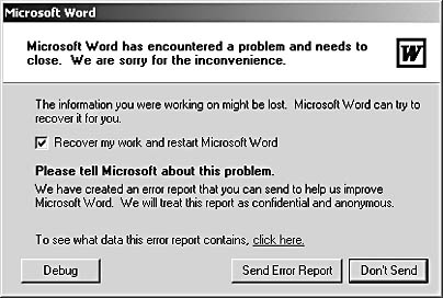 figure 3-16. when a crash occurs, a microsoft word dialog box appears, asking whether you'd like to send an error report to microsoft for evaluation. if you currently have an active internet connection, click send error report.