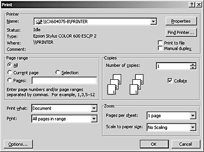 figure 4-4. the print dialog box provides many of the options that you can use to control your print jobs.