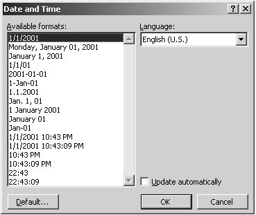 figure 5-15. the date and time dialog box enables you to insert date and time elements that will show the original date and time (when the element was inserted) or update automatically each time the document is opened or printed.