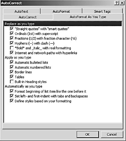 figure 6-6. catching formatting problems while you type is the function of the autoformat as you type options.
