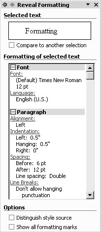 figure 6-7. the reveal formatting task pane lists the various format settings for the text at the insertion point.