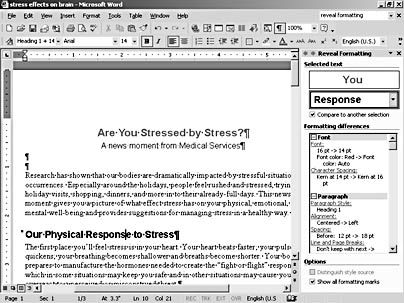 figure 6-11. the reveal formatting task pane displays the formatting differences between the two text selections.