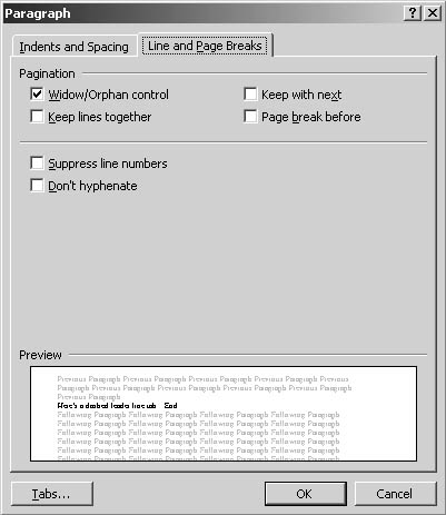 figure 7-9. you can control line and page breaks to some extent in word by selecting check boxes on the line and page breaks tab.