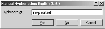 figure 7-11. when you manually hyphenate a document, the manual hyphenation dialog box is displayed each time a word needs to be hyphenated. you then specify how to handle the hyphenation for that instance.