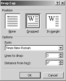 figure 7-13. the drop cap dialog box enables you to set parameters before the first-letter graphic is created and inserted in your document.