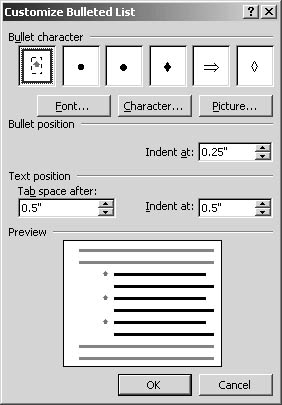figure 8-3. the customize bulleted list dialog box gives you the means to change the font and character you use for bullets. you can also change bullet spacing and text position here.