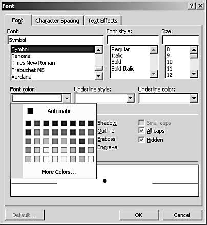 figure 8-4. the font dialog box enables you to choose a different typeface and change style, color, and text effects for the bullet character you use.