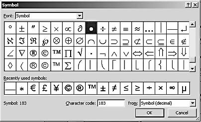 figure 8-5. click the symbol you want to select a new bullet character. make note of the character code of the item you select if you need to be consistent with lists in other documents.