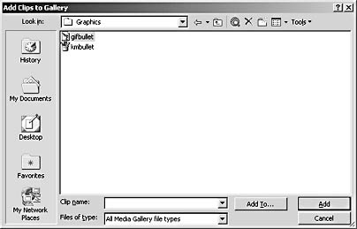 figure 8-7. add your own picture bullets by clicking the import button in the picture bullet dialog box, selecting the file you want, and clicking add.