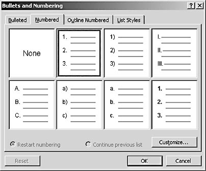 figure 8-8. the bullets and numbering dialog box automatically displays the numbering styles available so that you can make your selection.