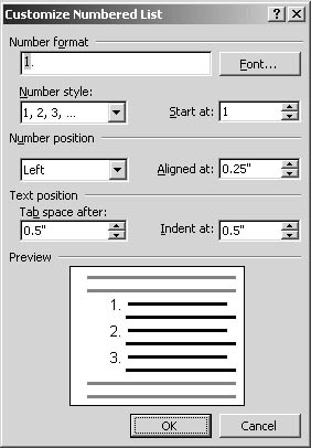 figure 8-9. the customize numbered list dialog box gives you the means to change the number style you use in your list. you can also change number spacing and text position here.