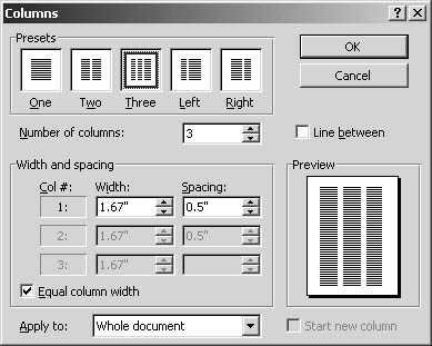 figure 9-3. you can enter more specific column settings in the columns dialog box.